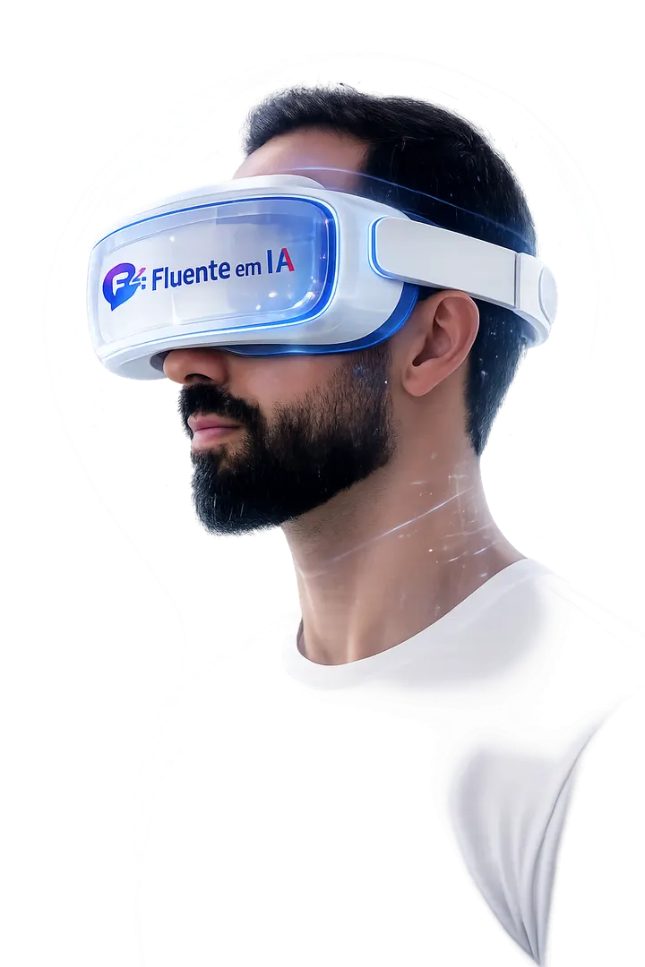 Luan Matos de perfil, usando um headset de realidade virtual com a marca Fluente em IA