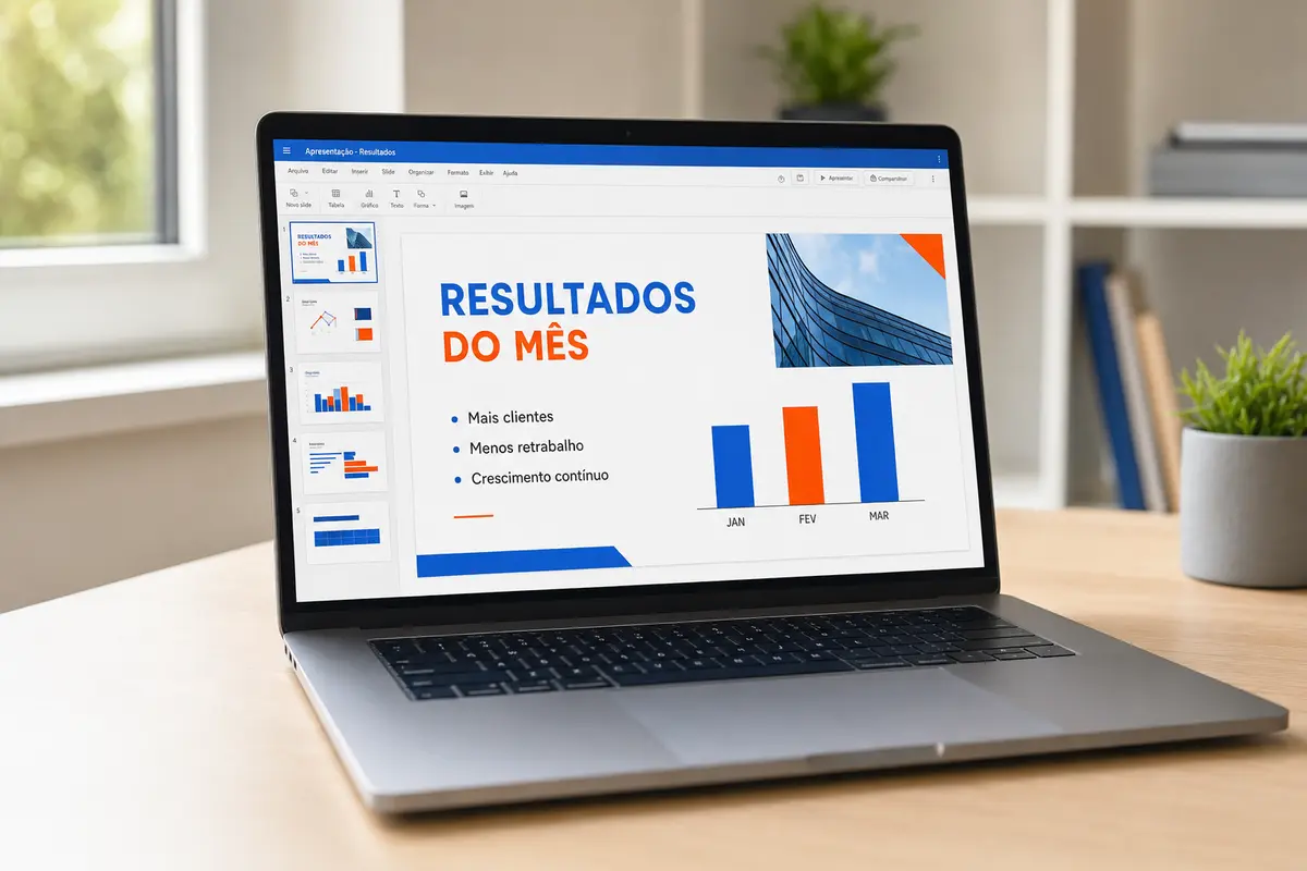 Slide de apresentação de resultados criado com IA