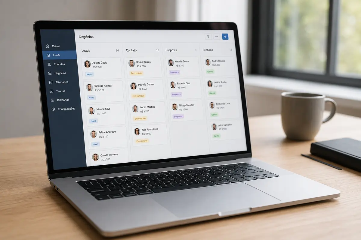 Tela de um CRM com clientes organizados por etapa, feito com IA